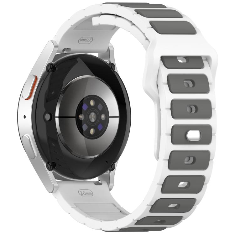 18mm white and gray silicone watch band on a smartwatch, shown from the back.