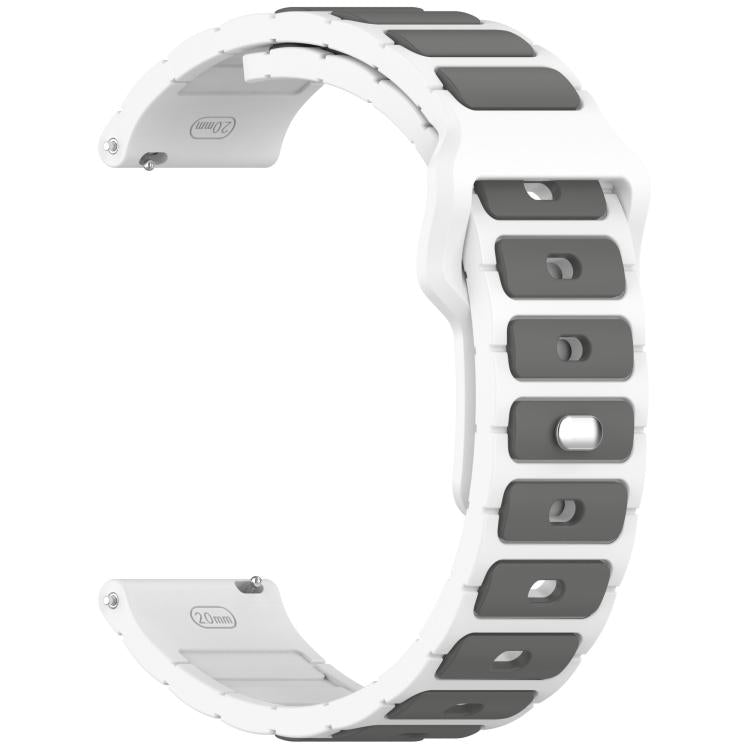 18mm white and gray silicone watch band with gray accents and adjustable holes.