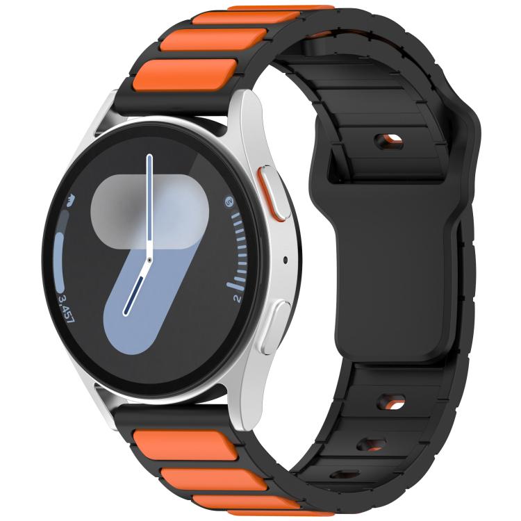 18mm black silicone watch band with bright orange accent panels, fitted to a smartwatch.