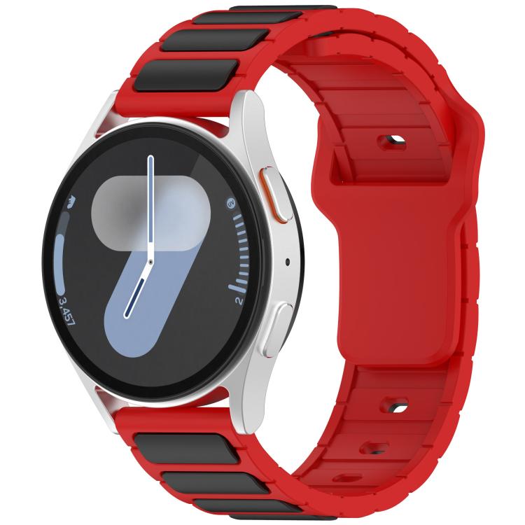 18mm red silicone watch band with black accent panels, fitted to a smartwatch.