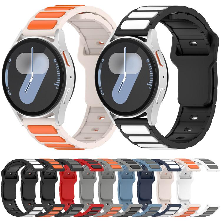 Dual-color silicone watch bands shown on watches and in a range of color combinations.