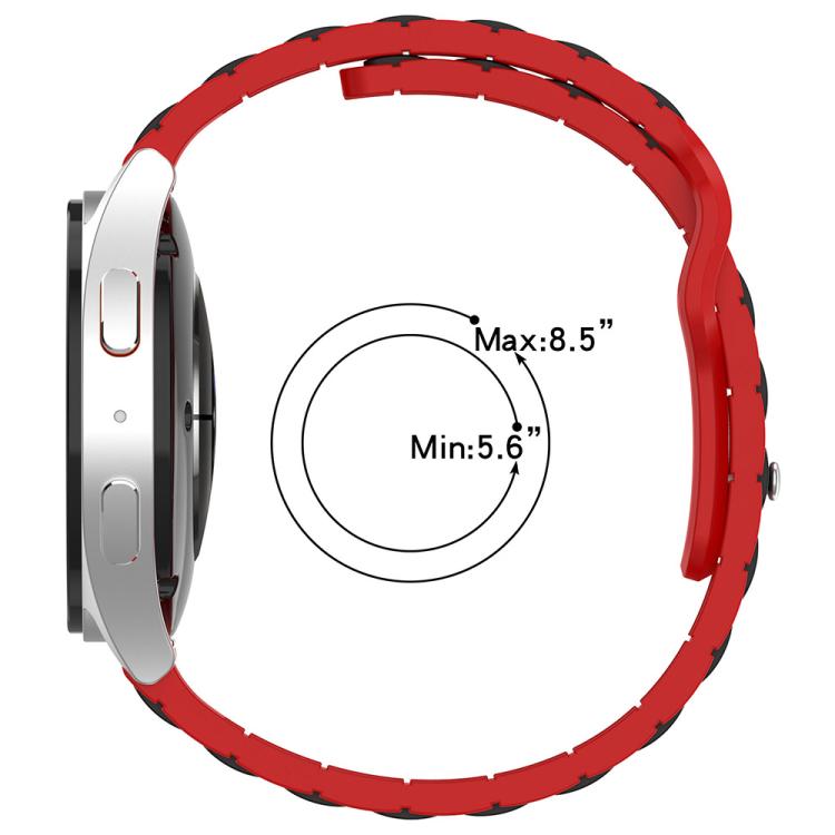 Red and black silicone watch band shown around a watch, with a 5.6 to 8.5 inch fit range.