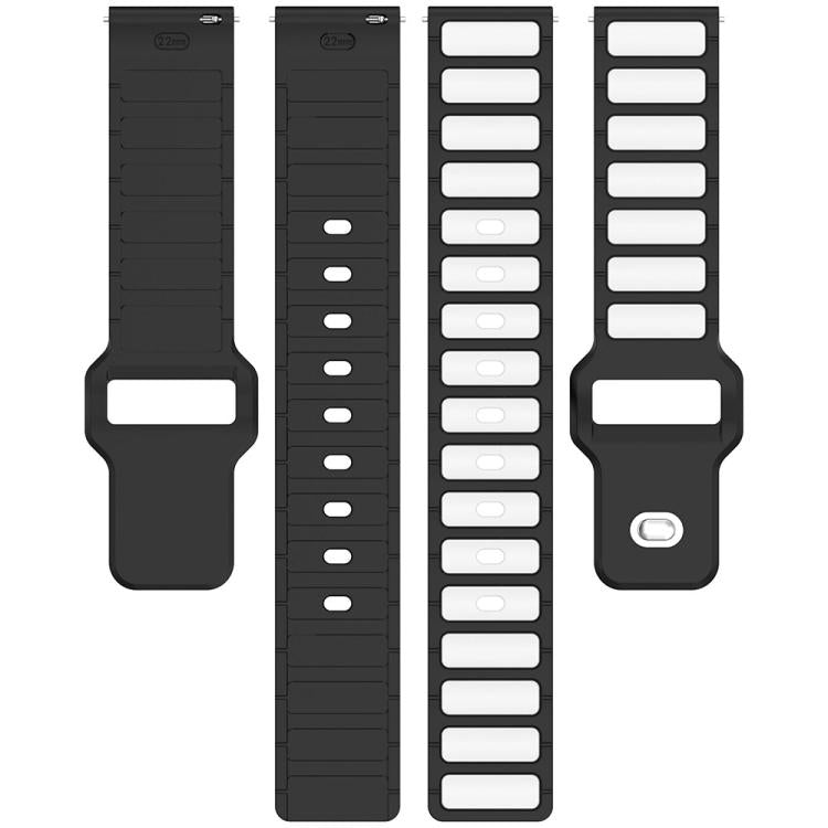Black and white silicone watch band pieces with adjustable holes and contrasting inlay panels.