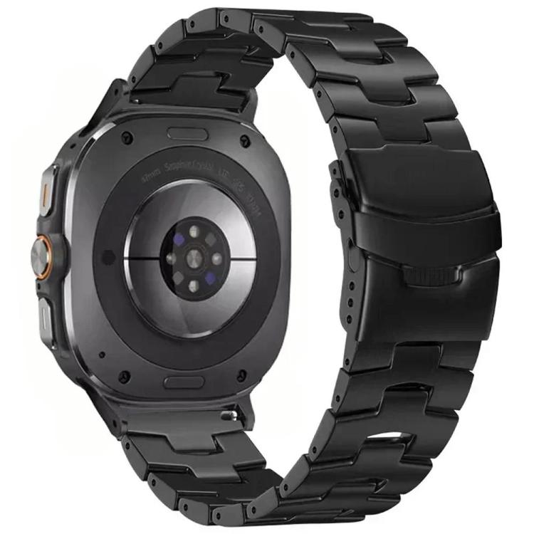 Black titanium alloy watch band with linked bracelet and folding safety buckle, shown on a watch