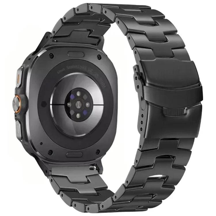 Black linked titanium alloy watch band and folding buckle, shown from the watch's back