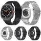 Titanium alloy watch bands in black and silver, shown fitted to watches from front and back