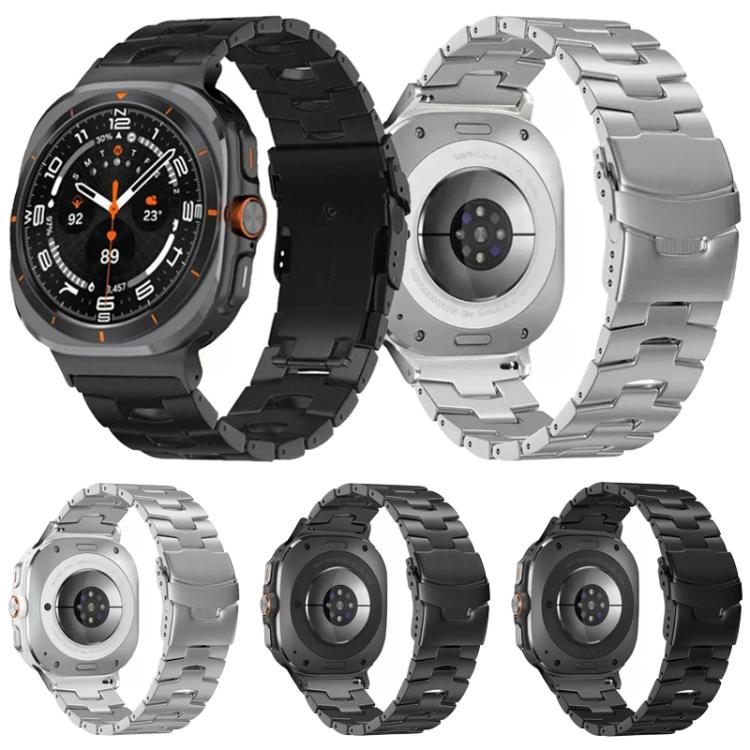 Titanium alloy watch bands in black and silver, shown fitted to watches from front and back
