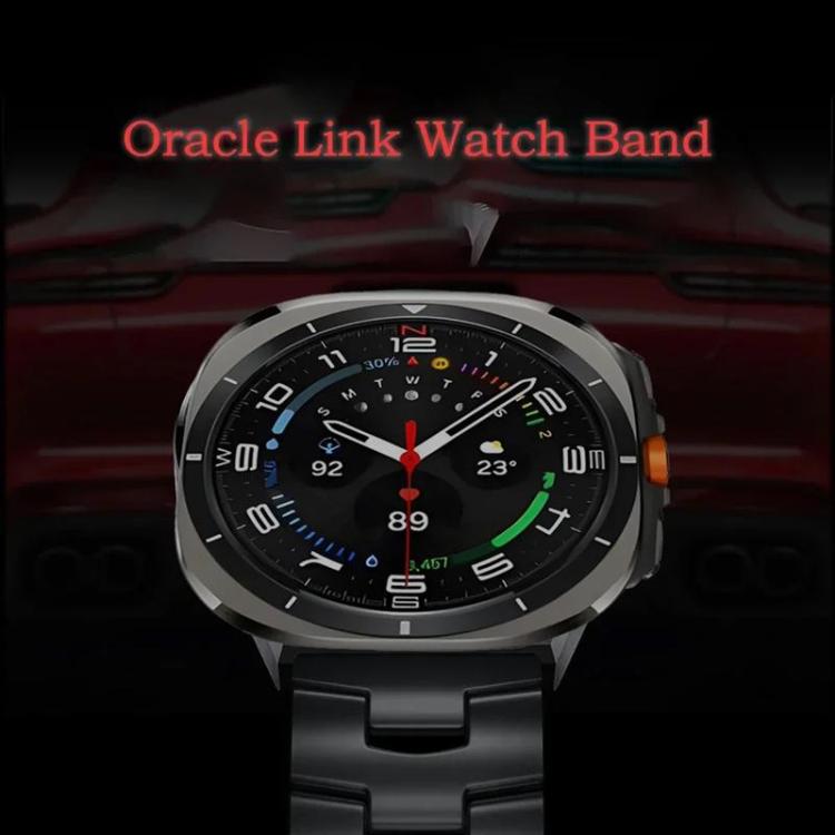 Black linked titanium alloy watch band attached to a smartwatch with a round display