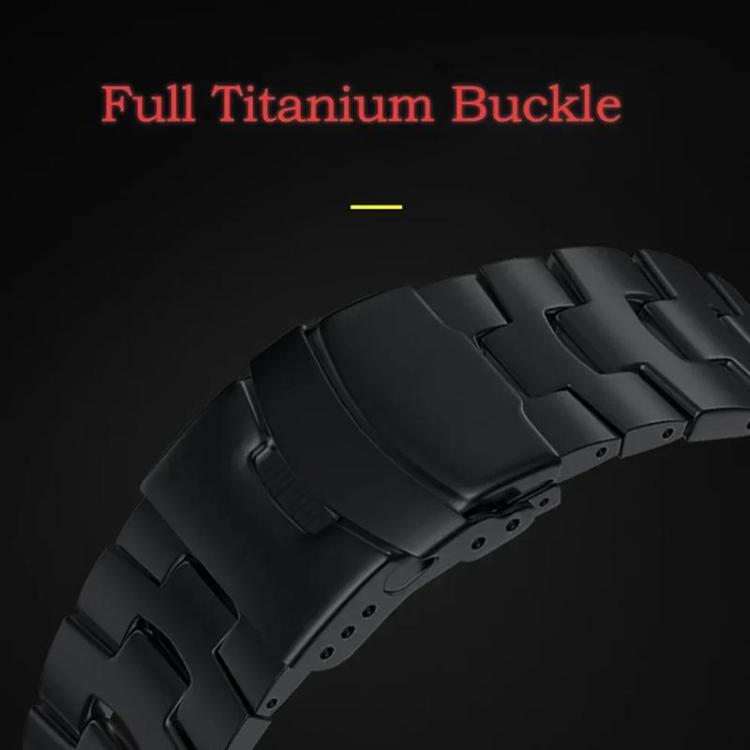 Close-up of the black titanium alloy watch band's folding safety buckle and linked bracelet