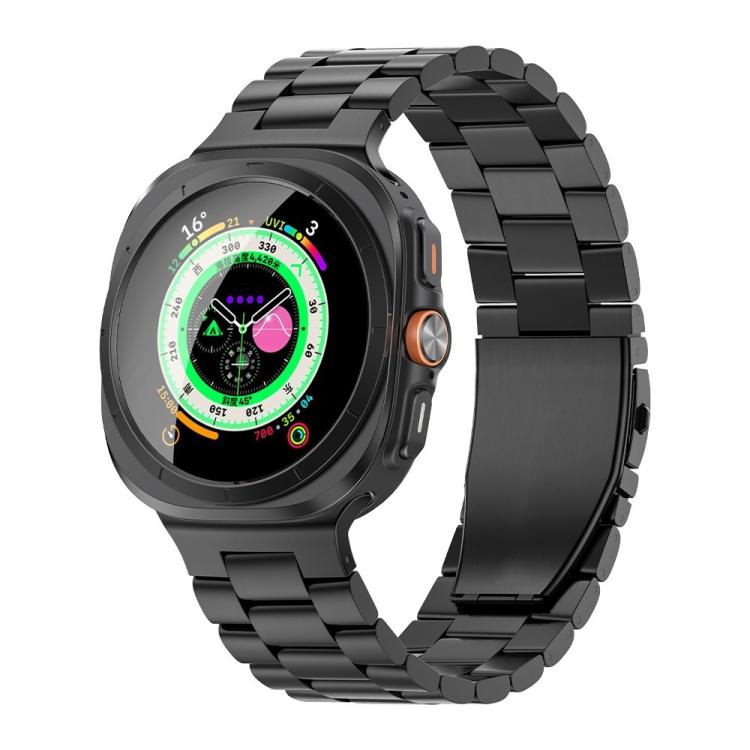 Black titanium alloy watch band with flat buckle, shown fitted to a smartwatch.