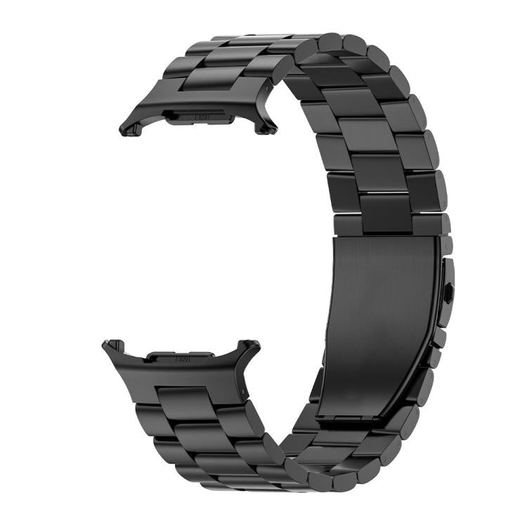 Black three-bead metal watch band with flat clasp, shown on its own.