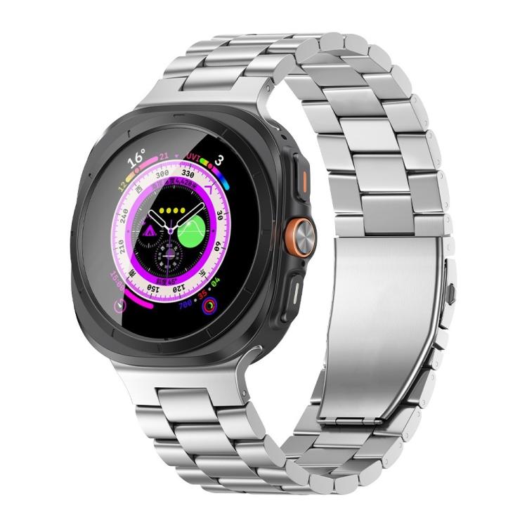 Silver linked watch band with a wide flat clasp, fitted to a smartwatch.
