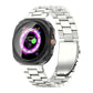 Silver titanium alloy watch band with flat buckle, shown fitted to a smartwatch.