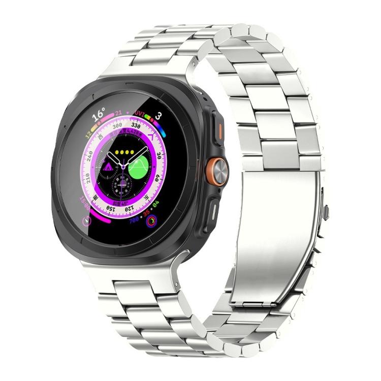 Silver titanium alloy watch band with flat buckle, shown fitted to a smartwatch.
