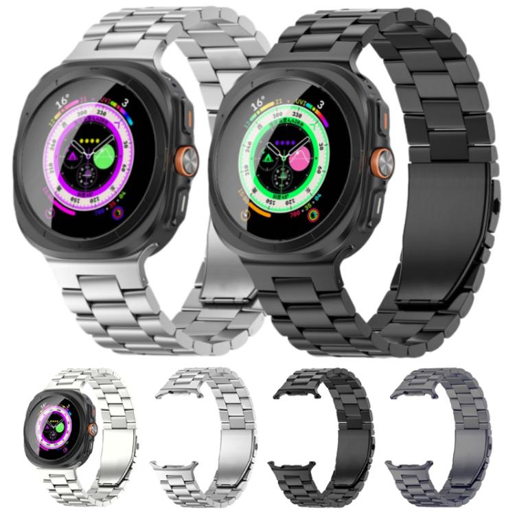 Metal watch band shown in silver, black, and gray finishes, with smartwatch examples.
