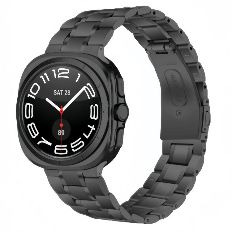 Black stainless steel five-bead watch band shown on a smartwatch.