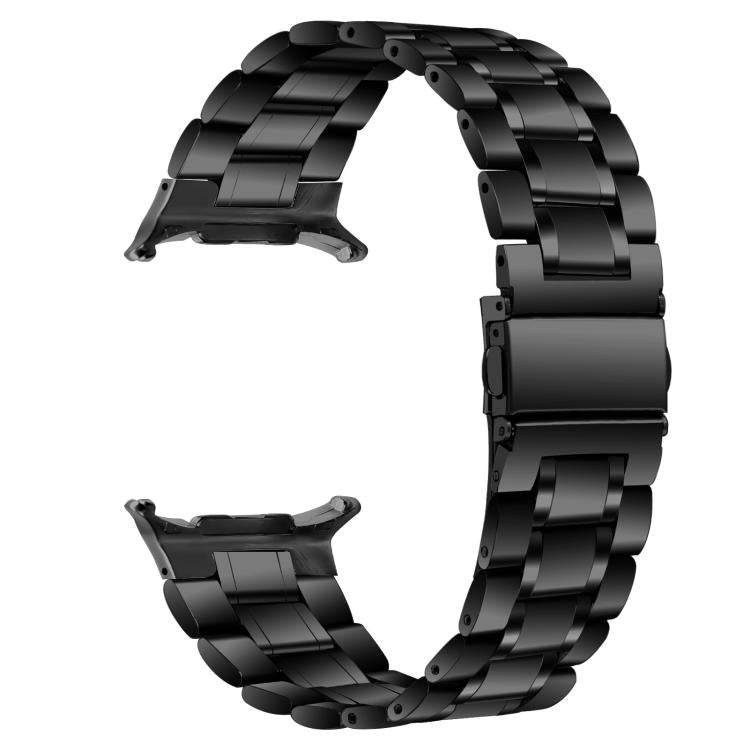 Black five-bead stainless steel watch band with clasp and watch connectors.