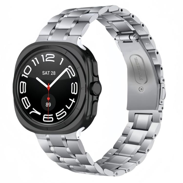 Silver five-bead stainless steel watch band shown on a smartwatch.