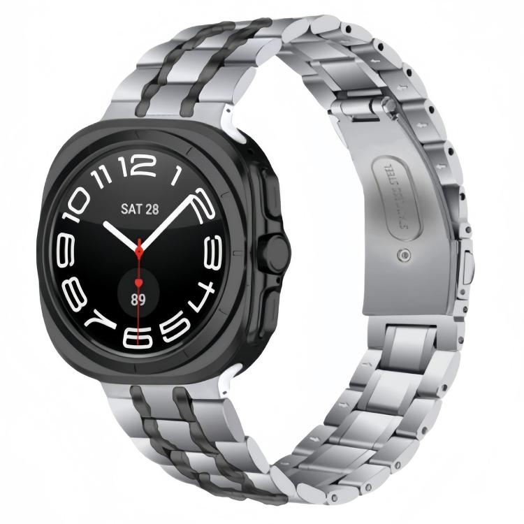 Silver five-bead stainless steel watch band with folding clasp