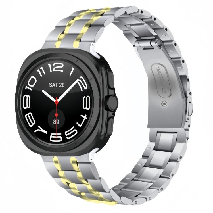 Silver five-bead watch band with gold accent links and folding clasp