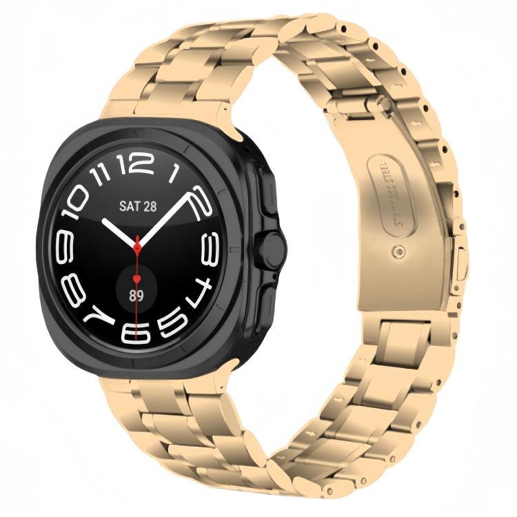 Rose gold stainless steel watch band with linked metal design and folding clasp