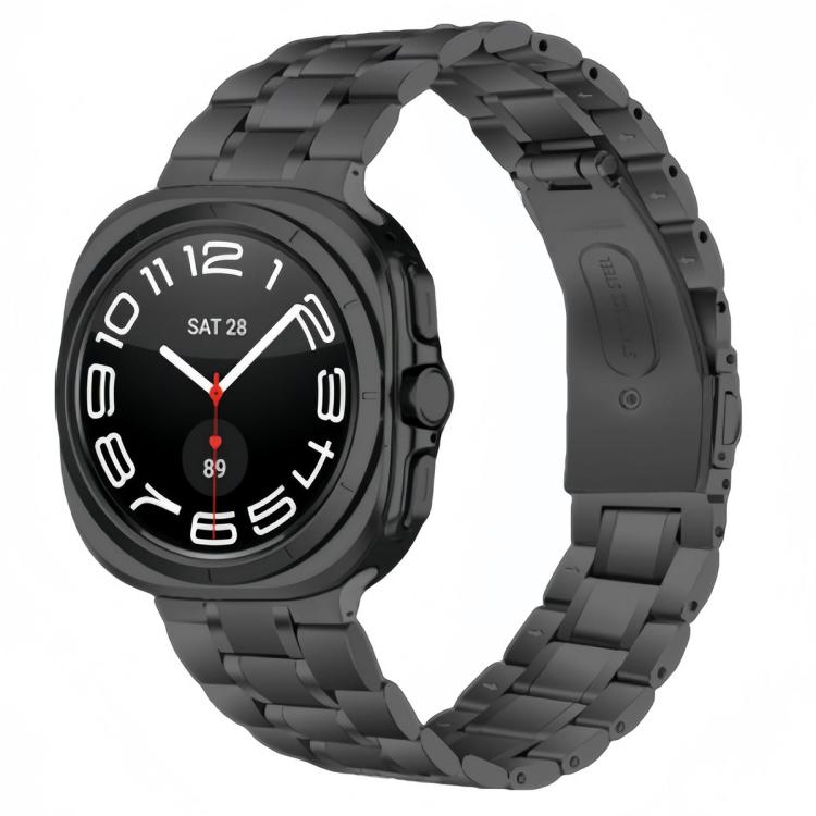Black stainless steel watch band with linked metal design and folding clasp