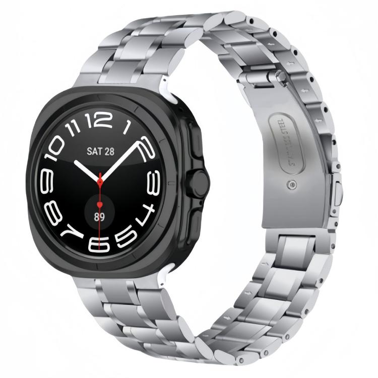 Silver stainless steel five-bead watch band with folding clasp.