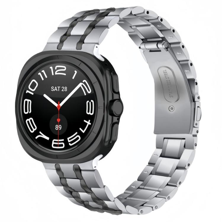 Silver five-bead watch band with dark accent stripes on a smartwatch.