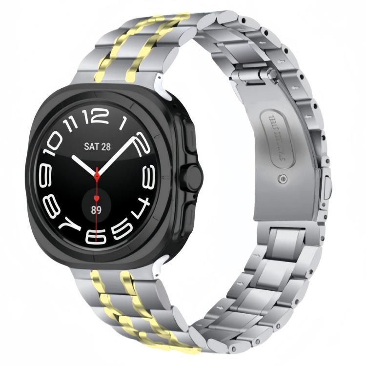 Silver five-bead watch band with gold accent stripes on a smartwatch.