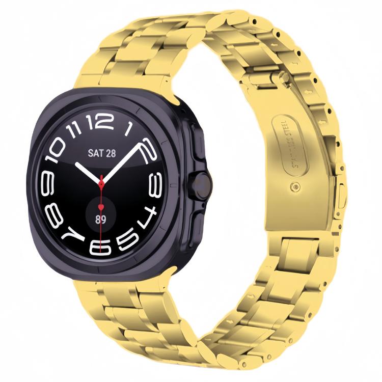 Gold stainless steel five-bead watch band shown on a smartwatch.