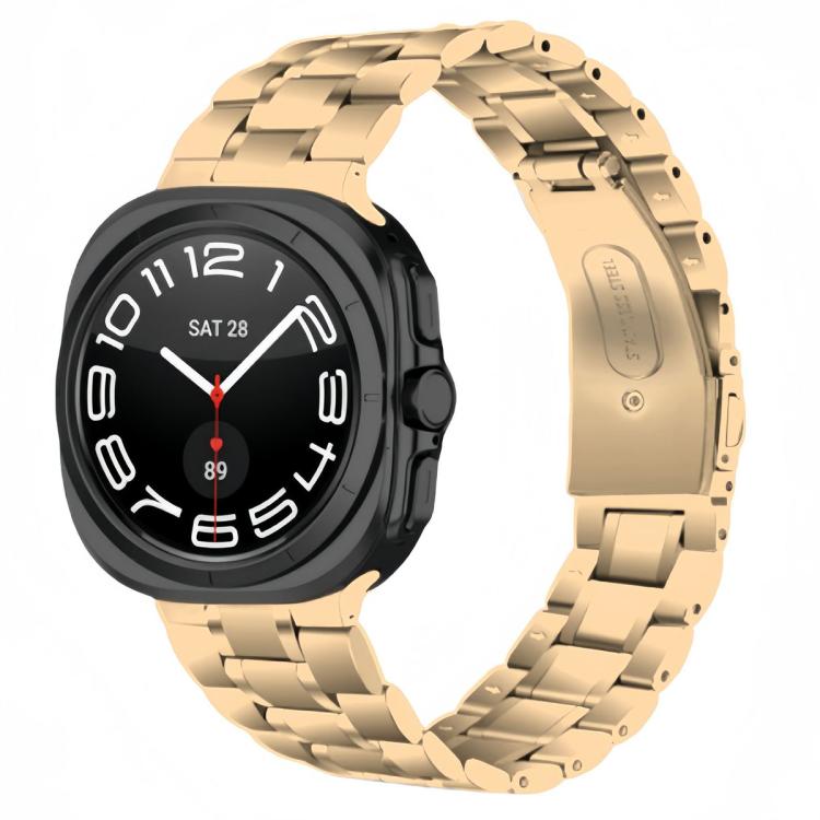 Rose gold stainless steel five-bead watch band shown on a smartwatch.