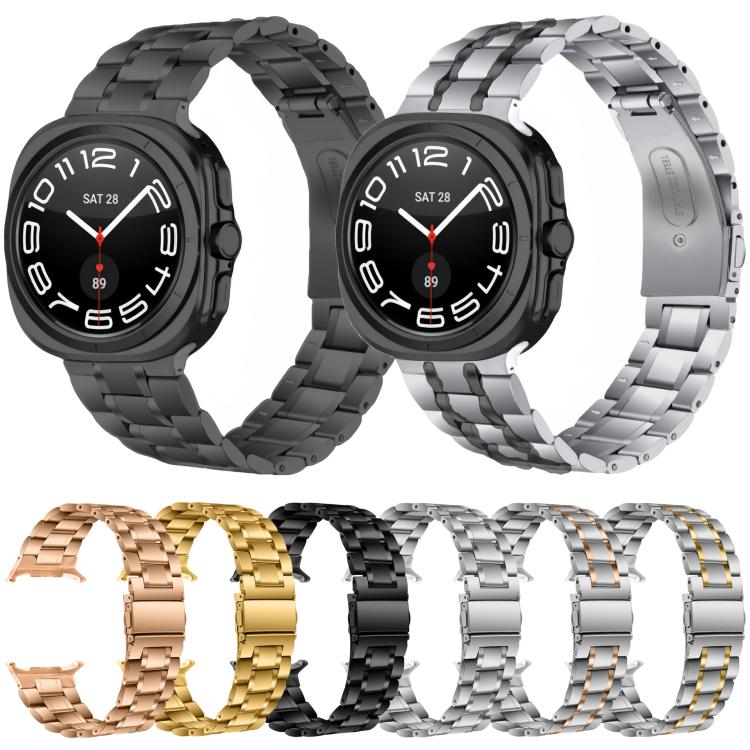 Five-bead stainless steel watch bands in black, silver, gold, and two-tone finishes.