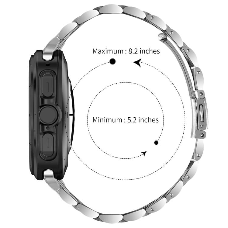 Stainless steel watch band in silver, shown on a watch with adjustable fit from 5.2 to 8.2 inches