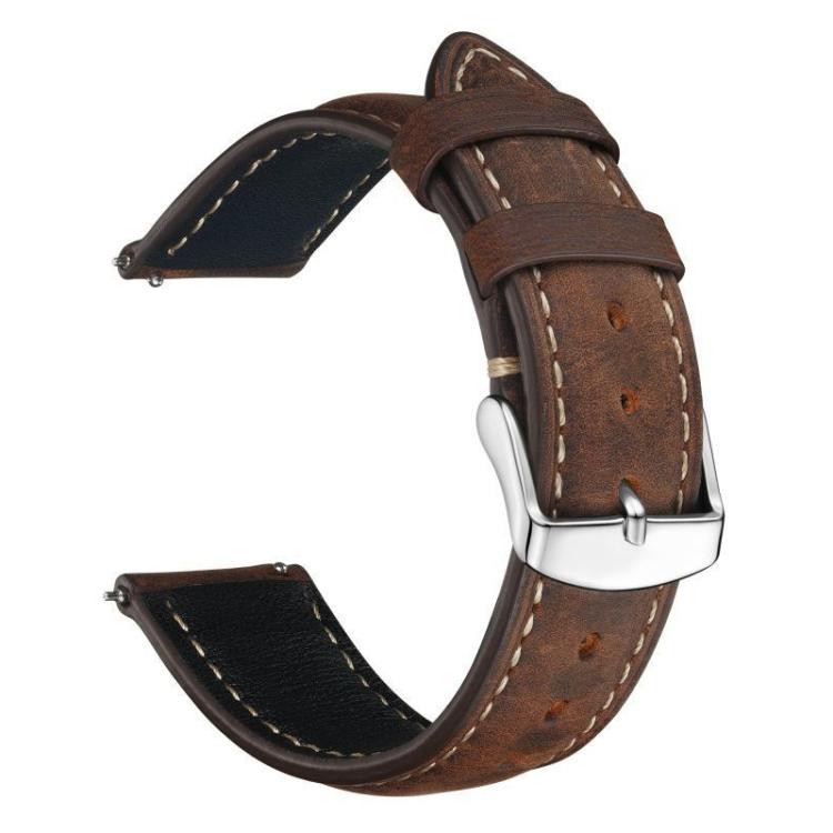 Dark brown leather watch band with contrasting stitching and silver buckle