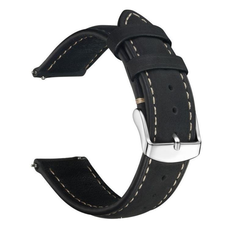 Black leather watch band with cream stitching, adjustment holes and silver buckle