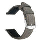 Gray leather watch band with contrast stitching, adjustment holes, and a silver buckle.