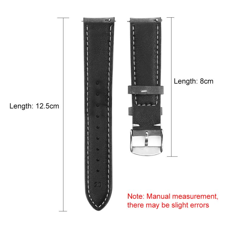 Black leather watch band in two pieces with white stitching, buckle, and length measurements