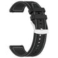 Black hybrid nylon and silicone watch band with stitched panels, buckle, and adjustable holes.