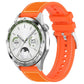 Orange hybrid nylon and silicone watch band with stitched panels and adjustable holes, shown on a watch.