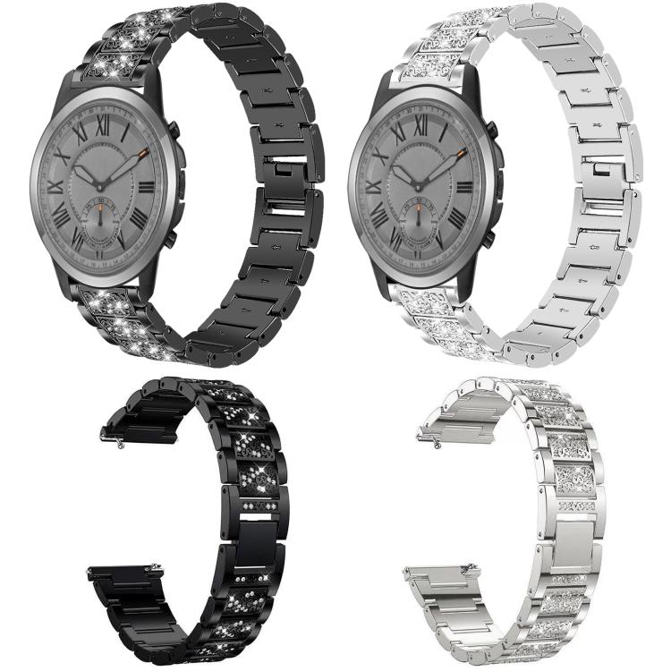 Black and silver stainless steel watch bands with sparkling stone-set links, shown with watches.