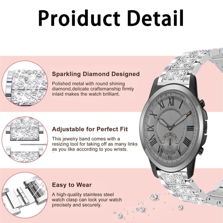 Black stainless steel watch band with decorative stone-set links and an adjustable link design.
