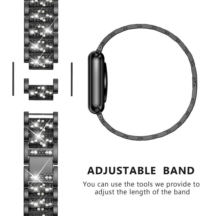 Black stainless steel watch band with sparkling links, adjustment tools, and removable links.