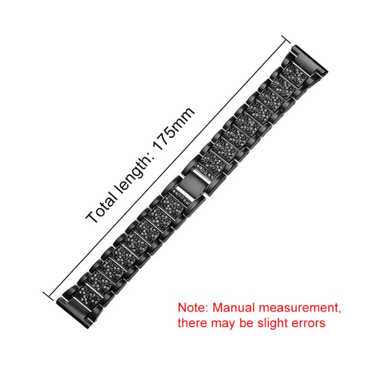 Black stainless steel watch band with sparkling stone-set links, shown at full length.