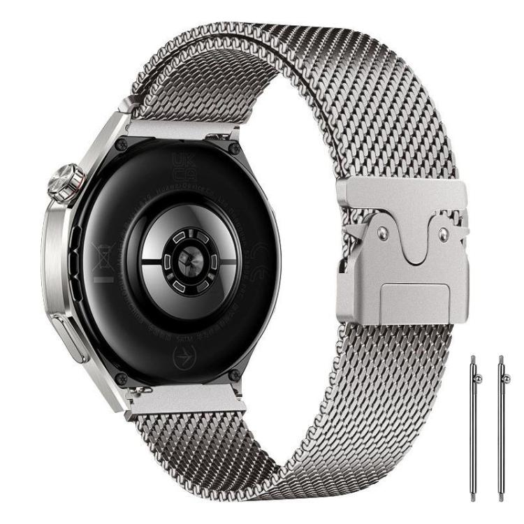 Silver stainless steel mesh watch band with raised clasp, shown attached to a watch