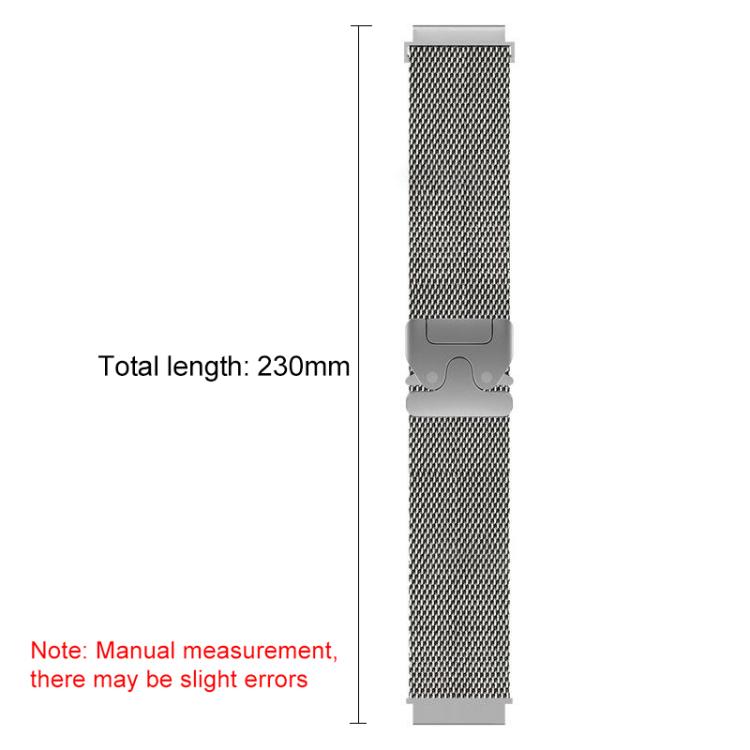 Silver mesh watch band with raised clasp, shown at 230 mm total length
