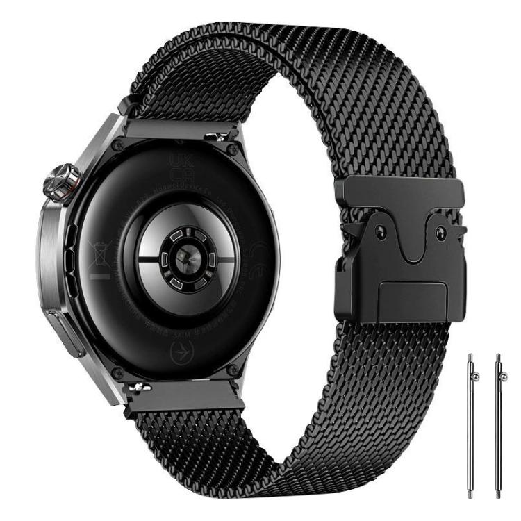Black stainless steel mesh watch band with raised clasp, attached to a watch