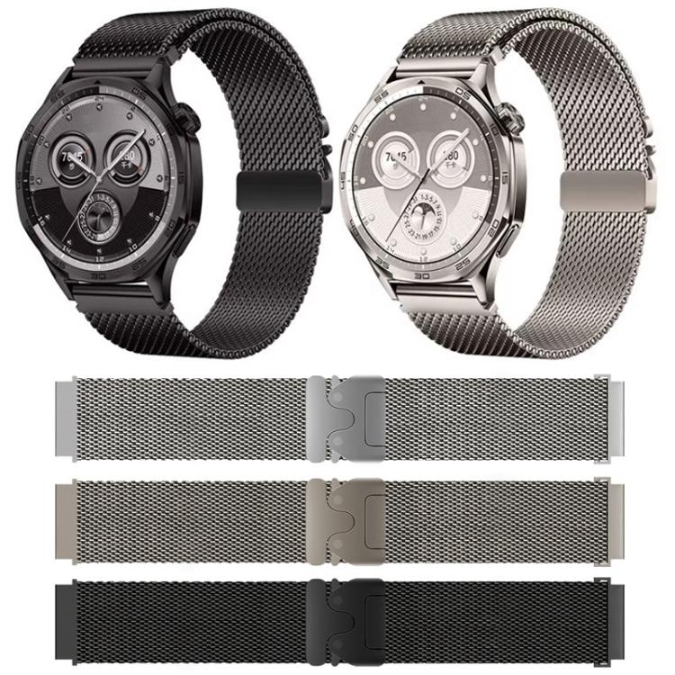 Milanese mesh watch bands in three colors, shown on watches and laid flat