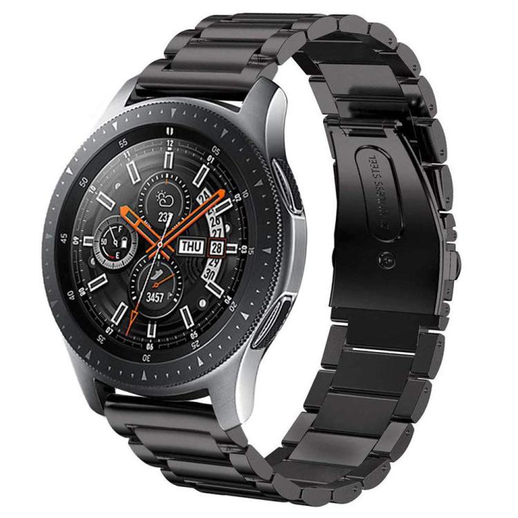 Black titanium alloy watch band with three-link bracelet and flat folding clasp, shown on a watch.