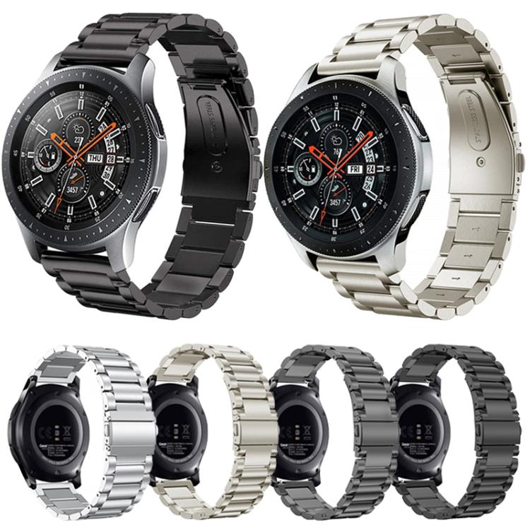 Three-link titanium alloy watch bands in black, titanium color, and silver, shown front and back.
