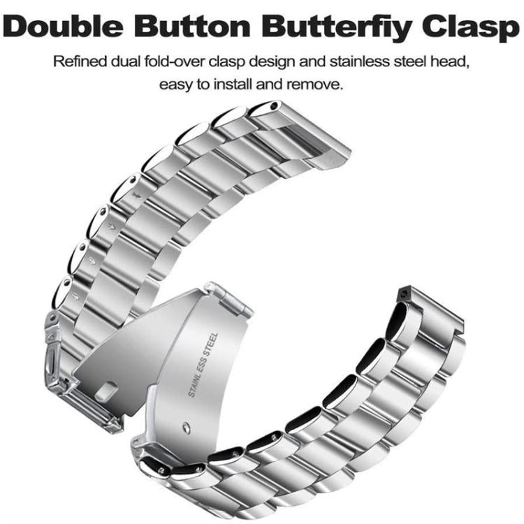 Silver titanium alloy watch band with three-bead links and a double-button butterfly clasp.